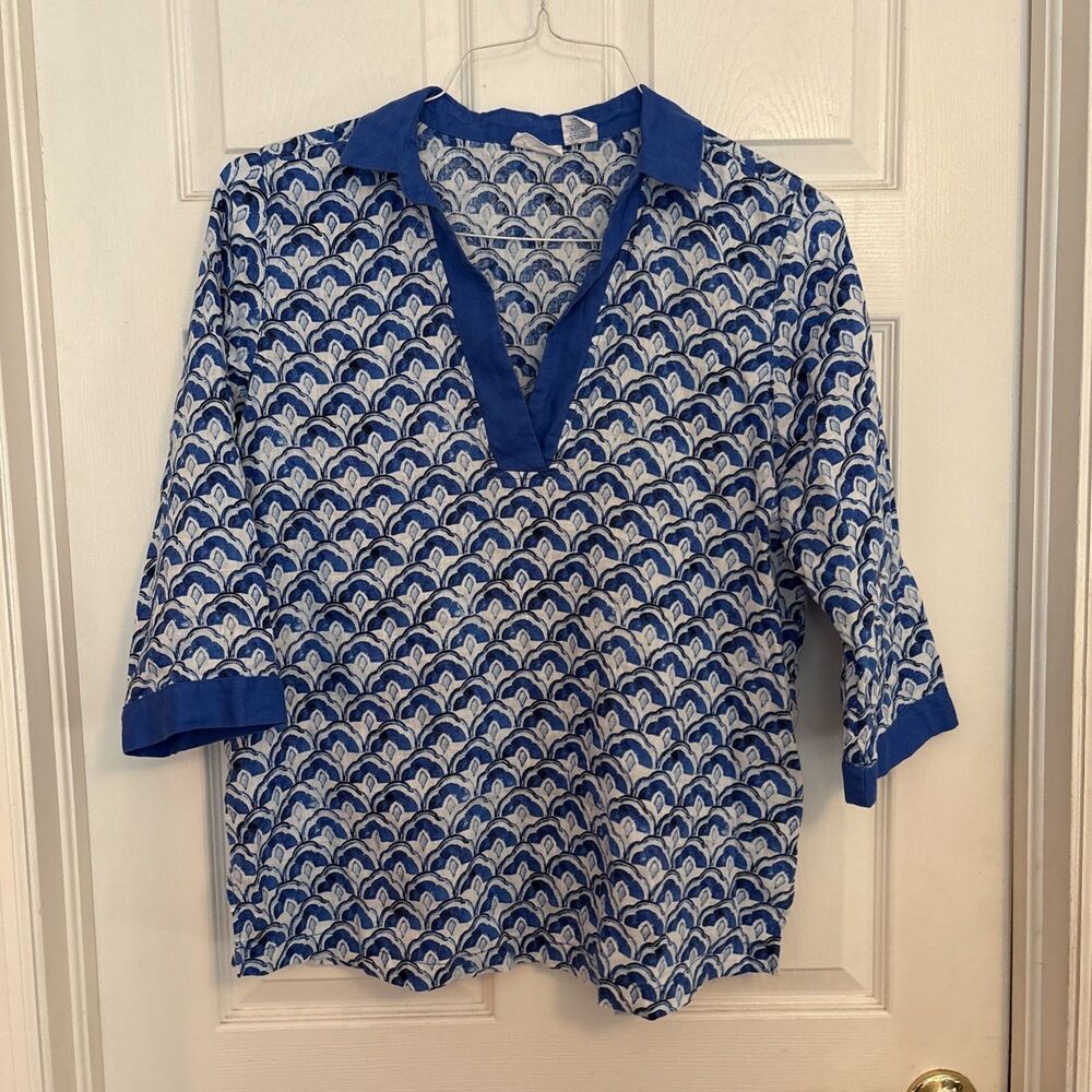 Sigrid Olsen Womens Medium Blue White Linen Top Scallop  Coastal Preppy,  Sz Lge